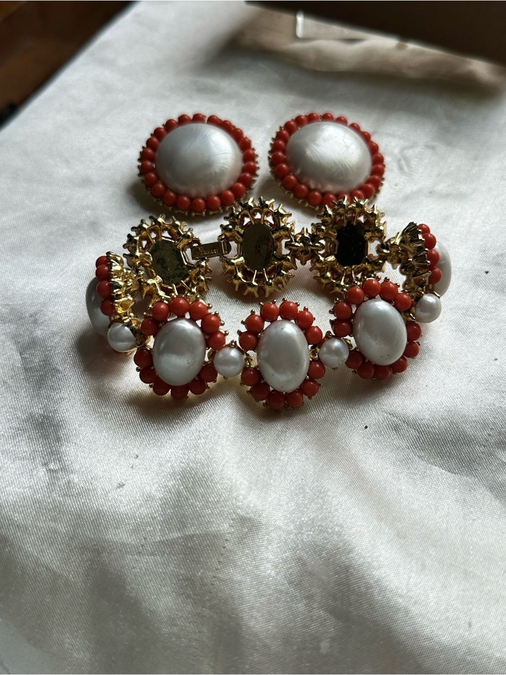 Vintage Crown Trifari Demi-Parure Gold-Tone Coral and Pearl Bracelet & Earrings